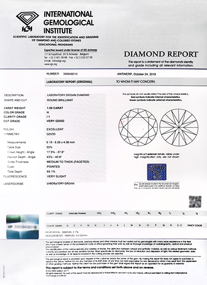 IGI man-made diamond certificate sample on LONITE cremation diamonds from ashes